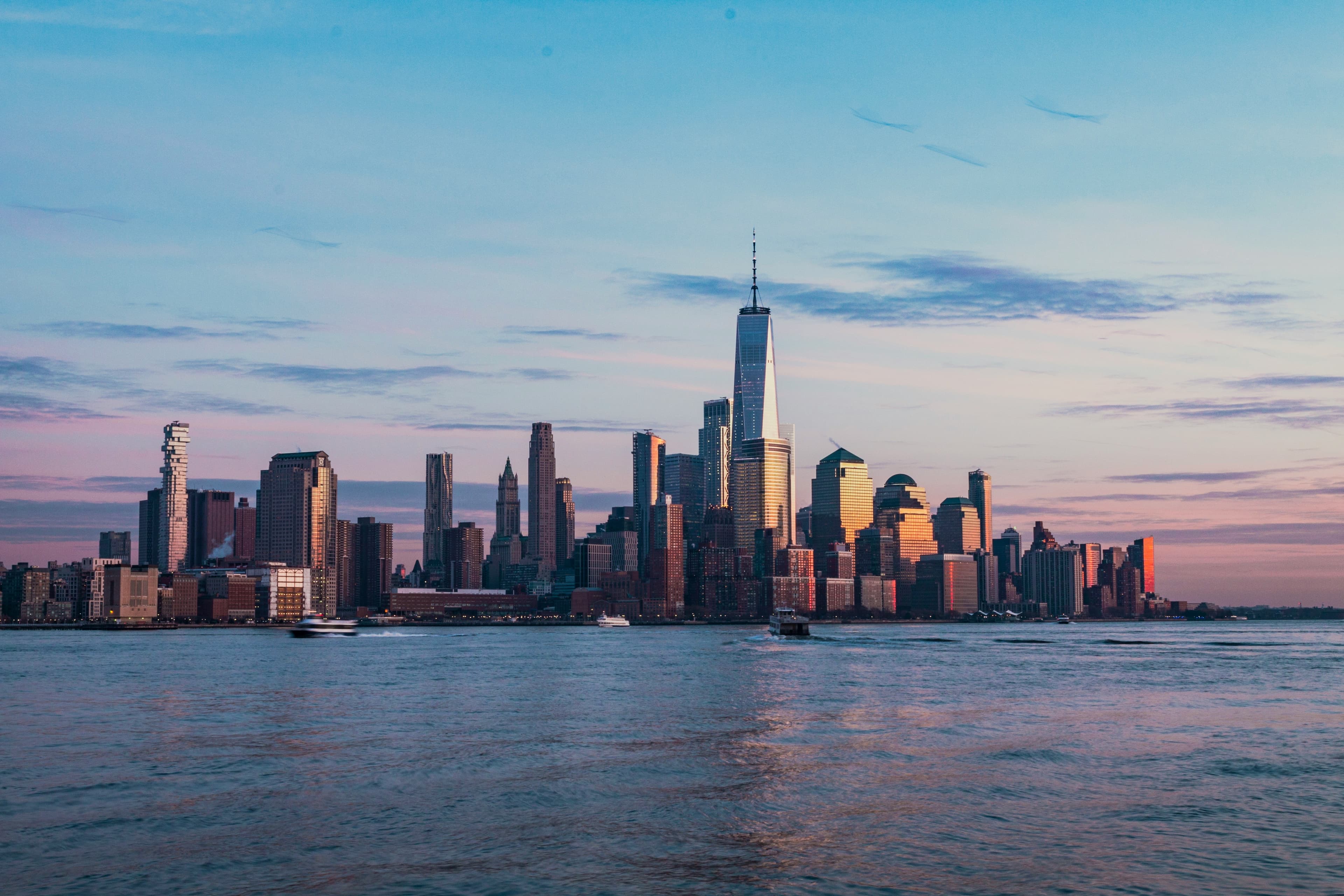Lower Manhattan skyline at dusk